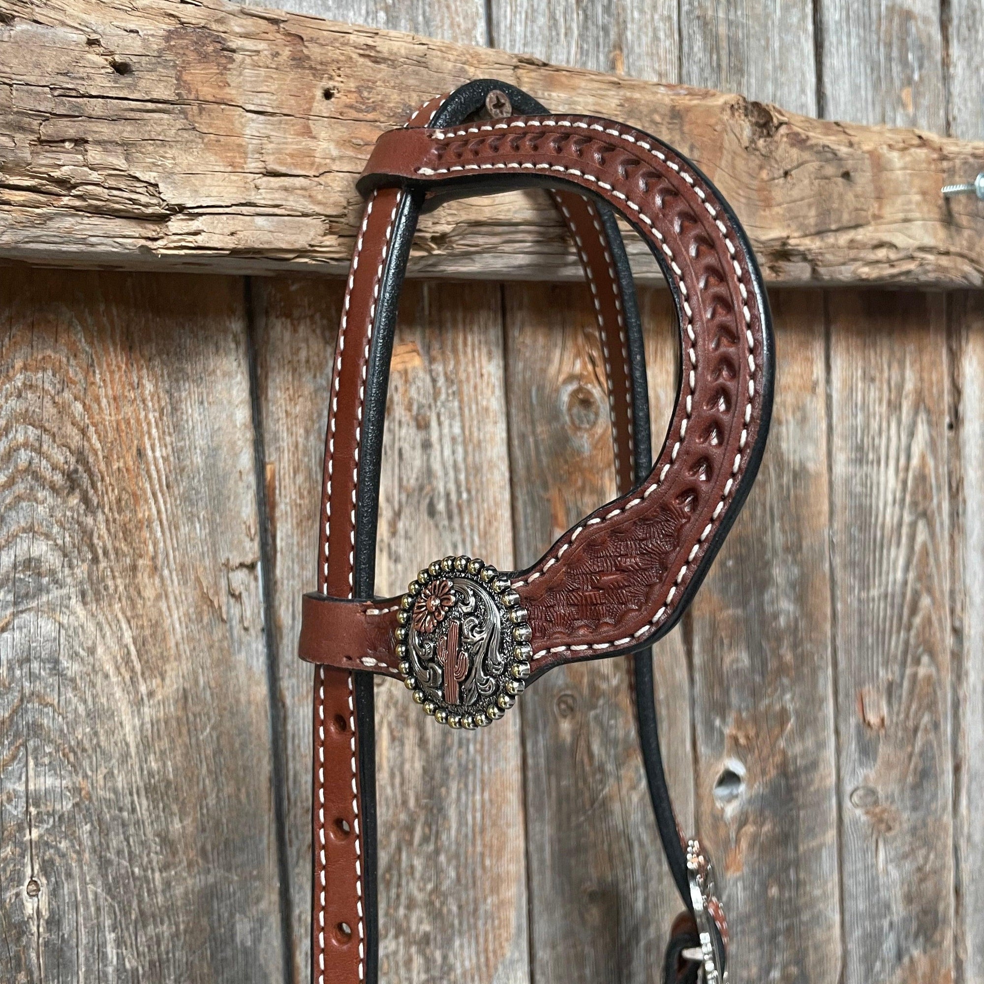 Medium Oil Basketweave Flower and Cactus Browband/One Ear Tack Set  