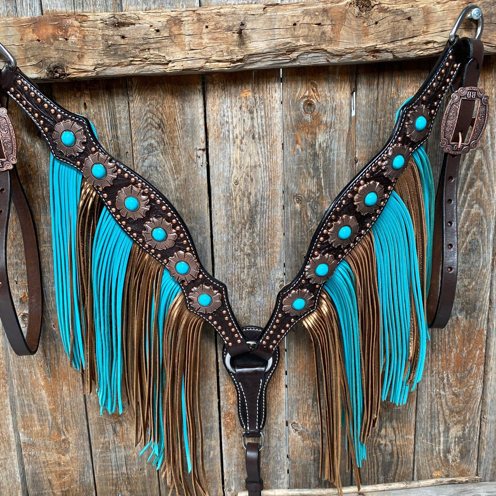 Dark Oil Copper Dot Turquoise Browband/One Ear Tack Set  