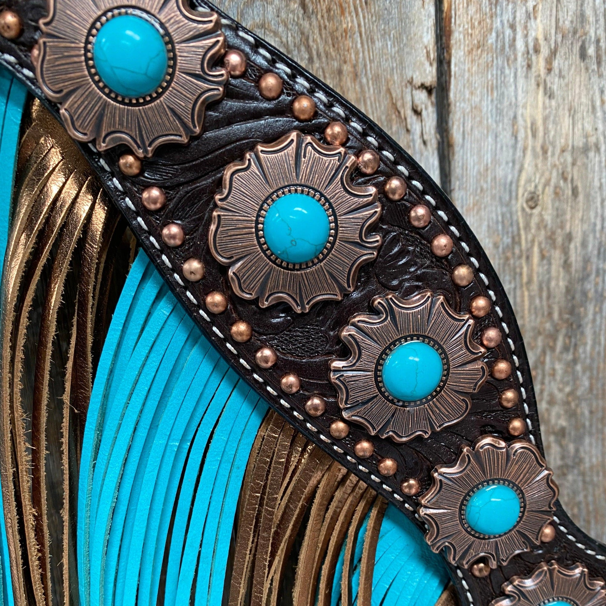 Dark Oil Copper Dot Turquoise Browband/One Ear Tack Set  