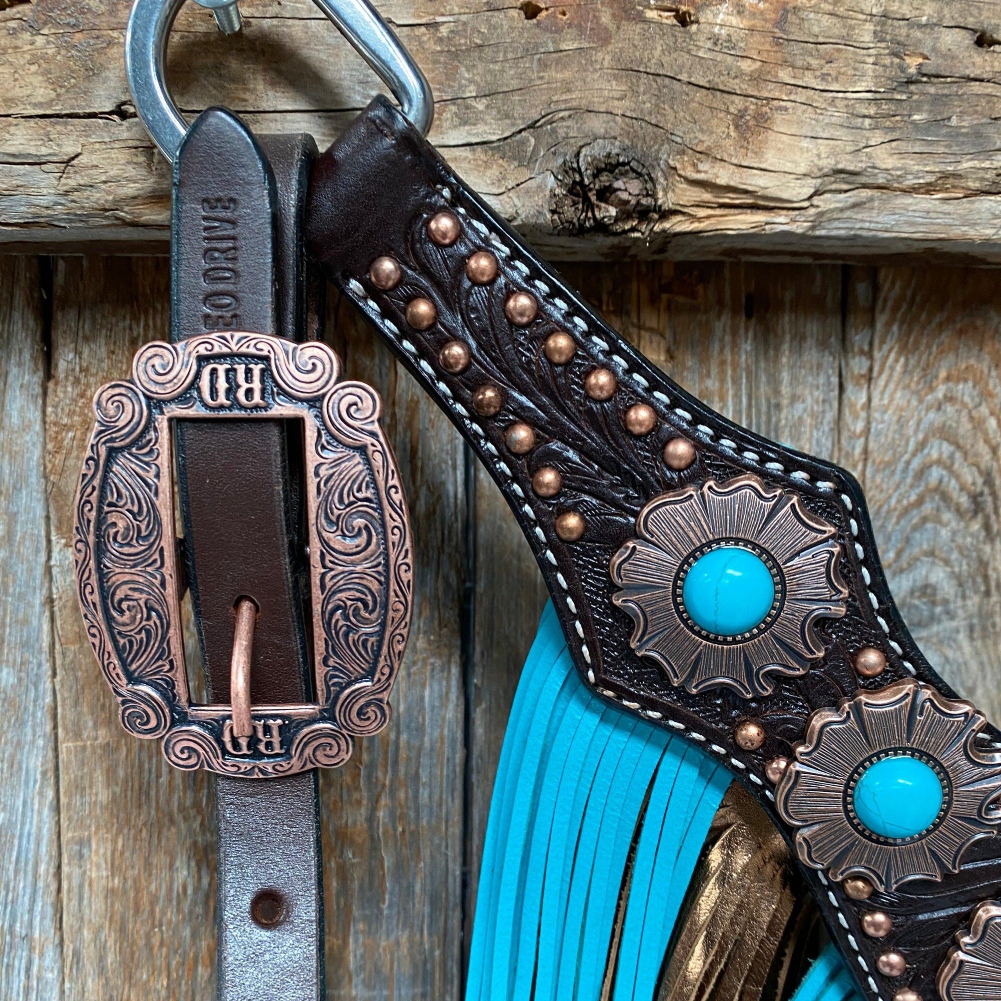 Dark Oil Copper Dot Turquoise Browband/One Ear Tack Set  
