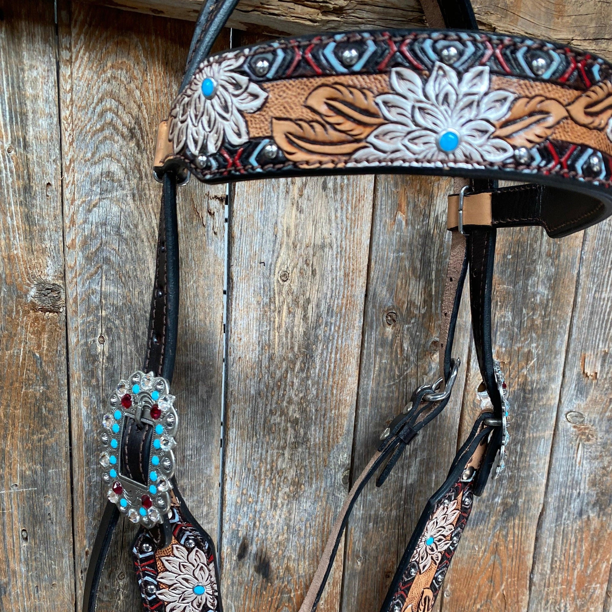 Two Toned Hand Painted Flower Turquoise/Ruby Browband/One Ear Tack Set 