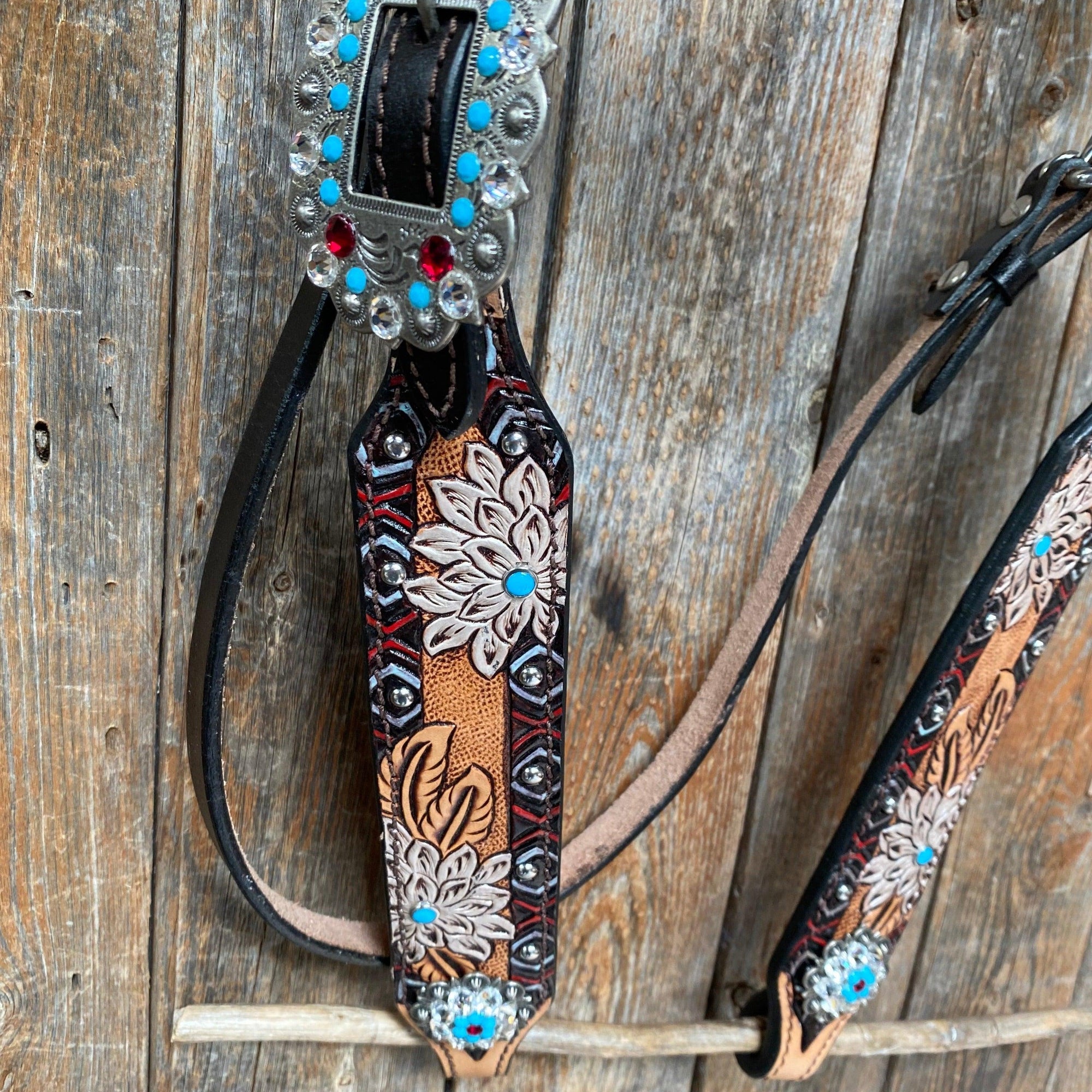 Two Toned Hand Painted Flower Turquoise/Ruby Browband/One Ear Tack Set 