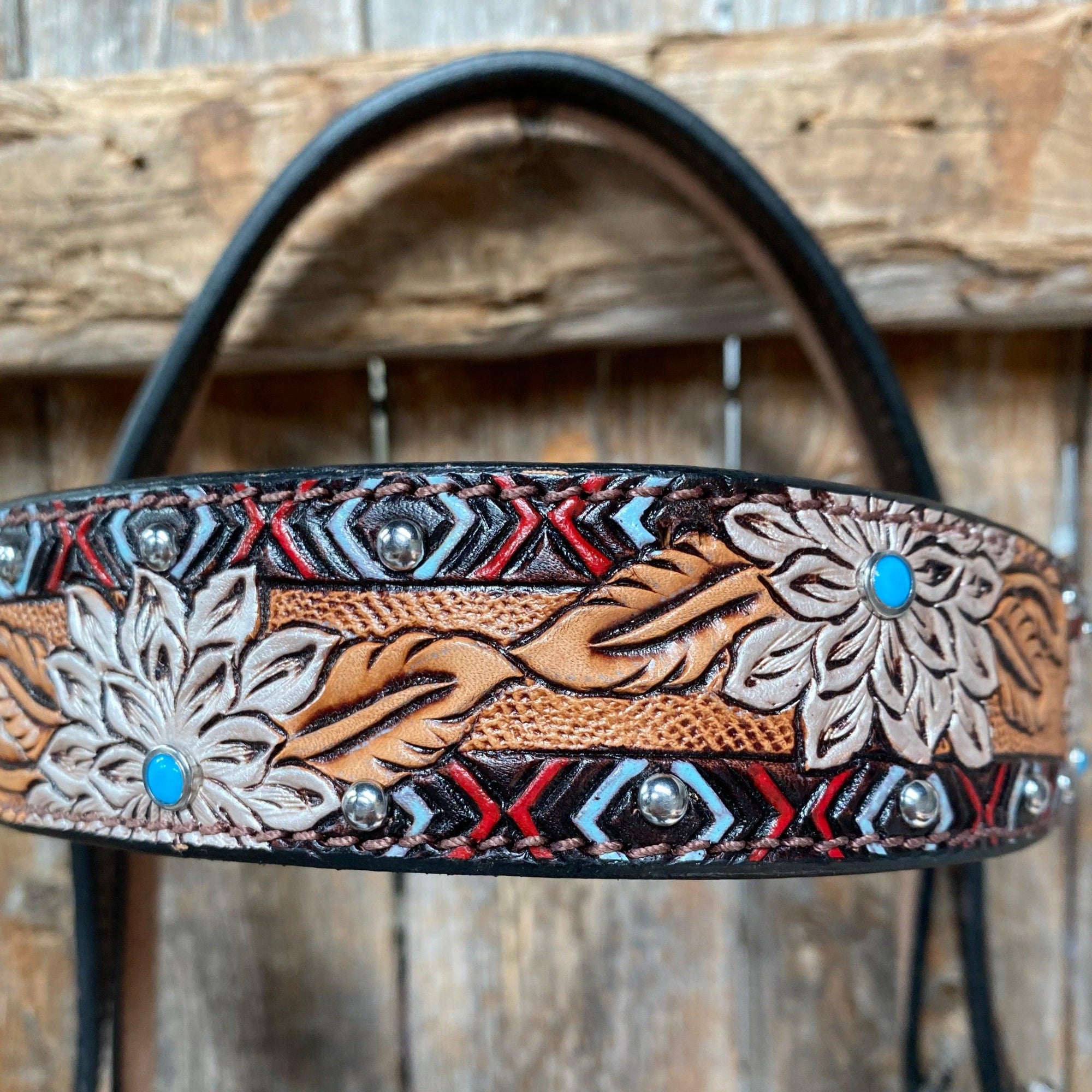 Two Toned Hand Painted Flower Turquoise/Ruby Browband/One Ear Tack Set 