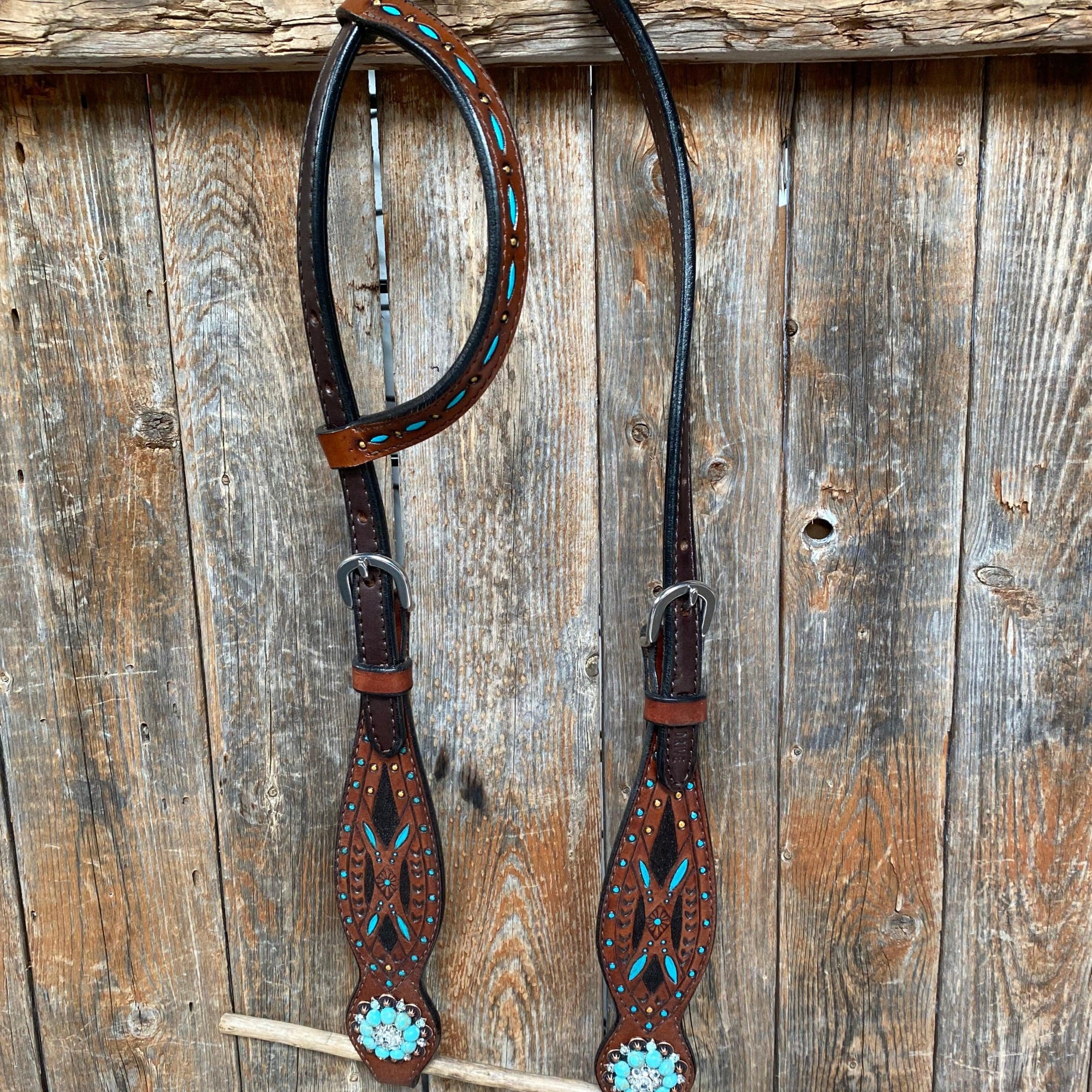 Hand Painted Two Tone Clear/Turquoise Browband / One Ear / Breastcollar Tack Set 