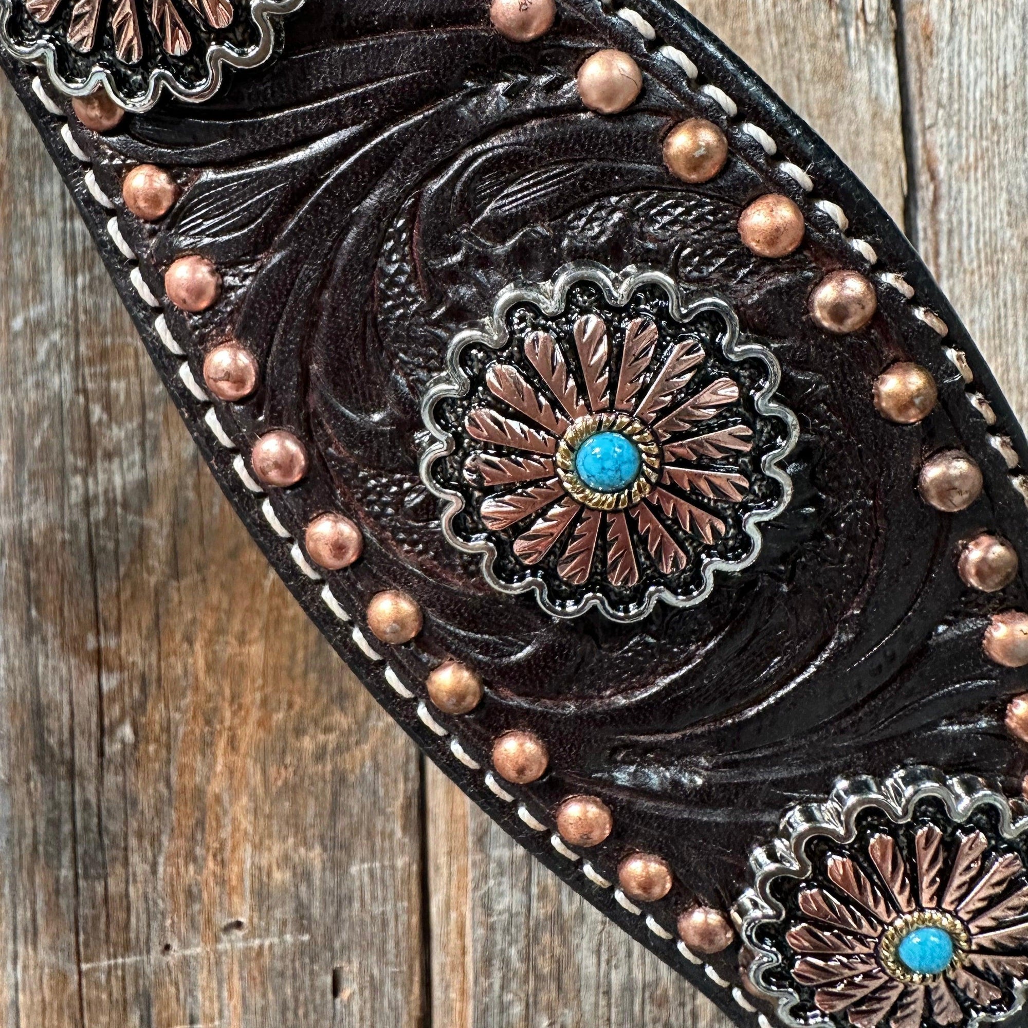 Dark Oil Floral Copper Dot &amp; Turquoise Browband Headstall / Breastcollar Tack Set 