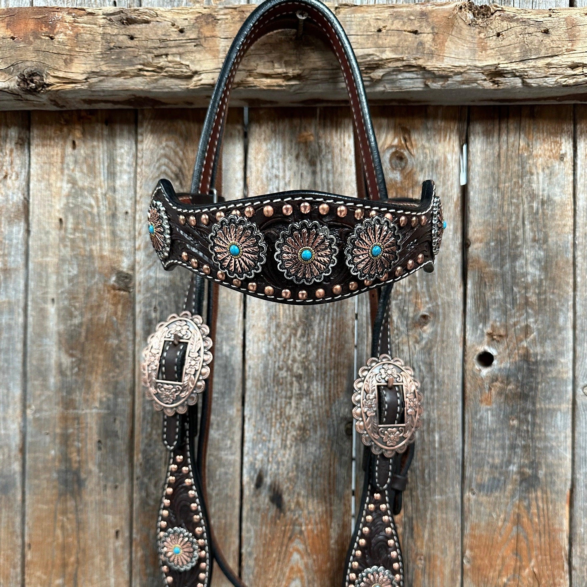 Dark Oil Floral Copper Dot &amp; Turquoise Browband Headstall / Breastcollar Tack Set 