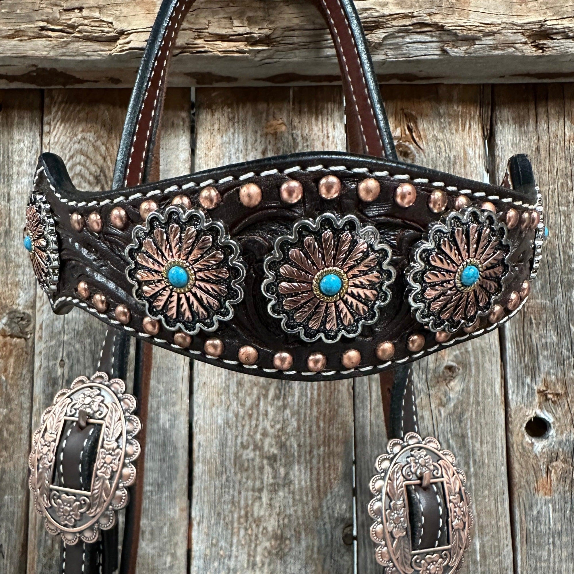 Dark Oil Floral Copper Dot &amp; Turquoise Browband Headstall / Breastcollar Tack Set 