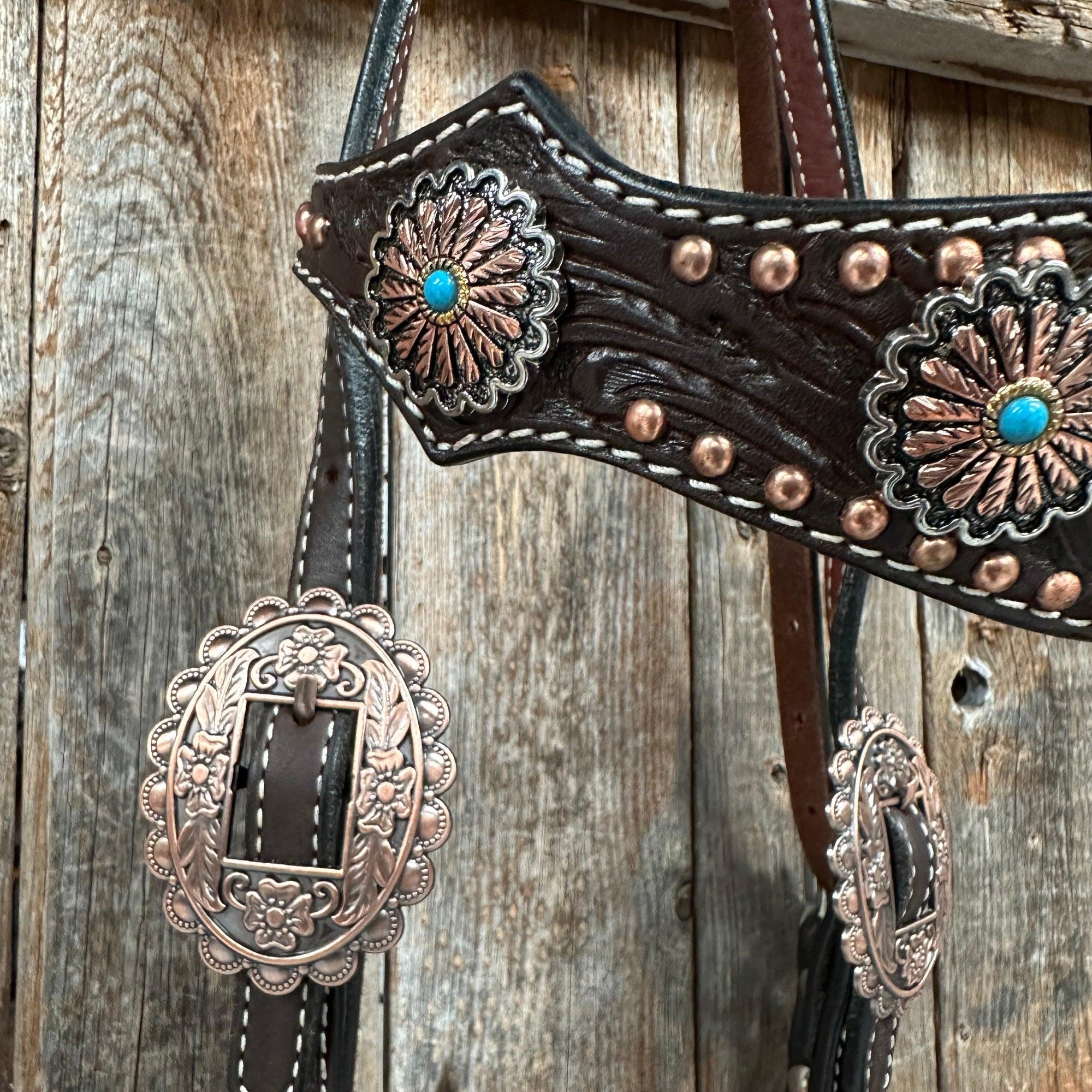 Dark Oil Floral Copper Dot &amp; Turquoise Browband Headstall / Breastcollar Tack Set 
