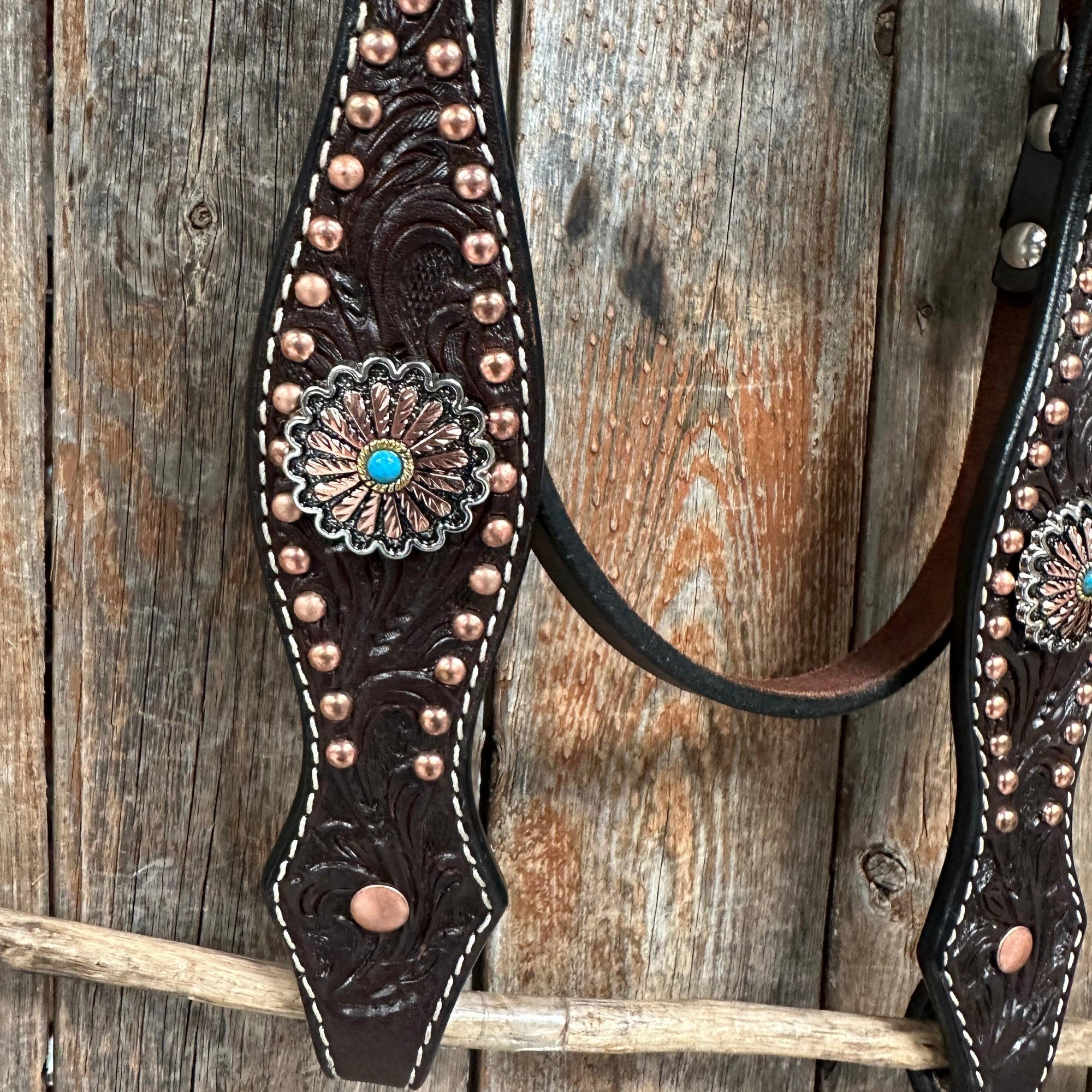 Dark Oil Floral Copper Dot &amp; Turquoise Browband Headstall / Breastcollar Tack Set 