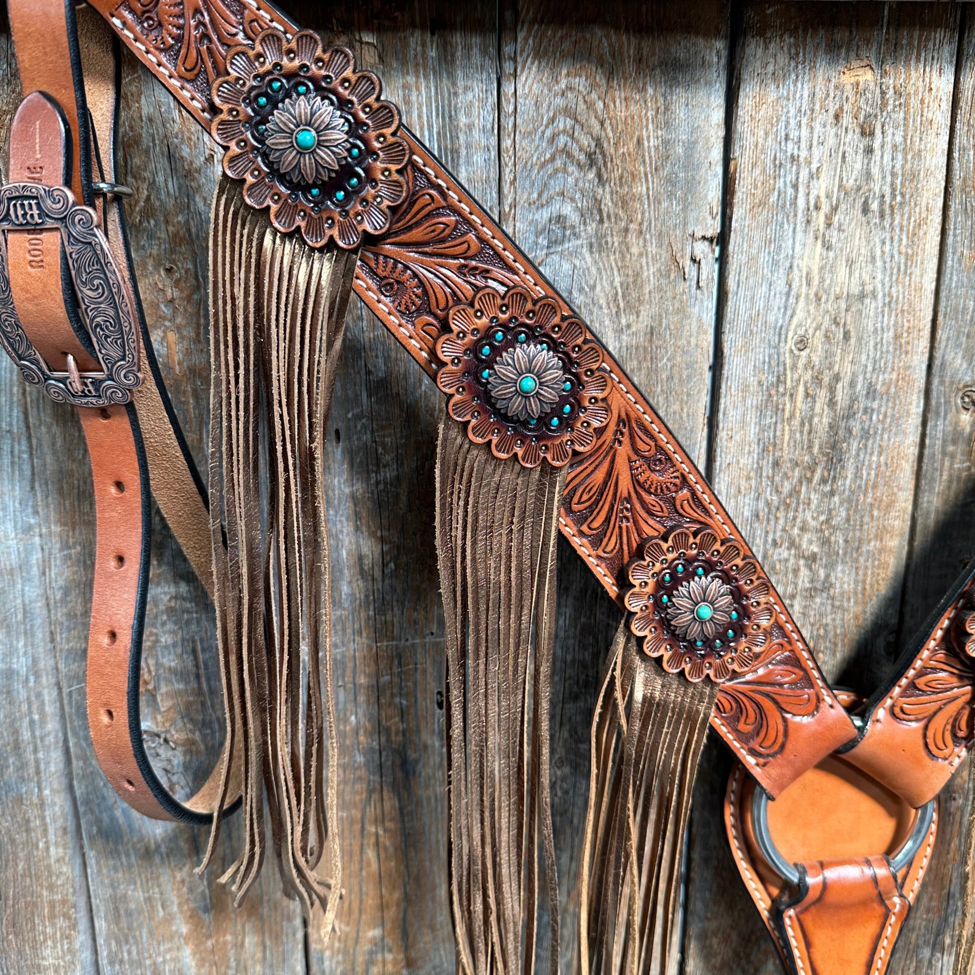 Honey Colored Floral Copper and Turquoise Tack Set  