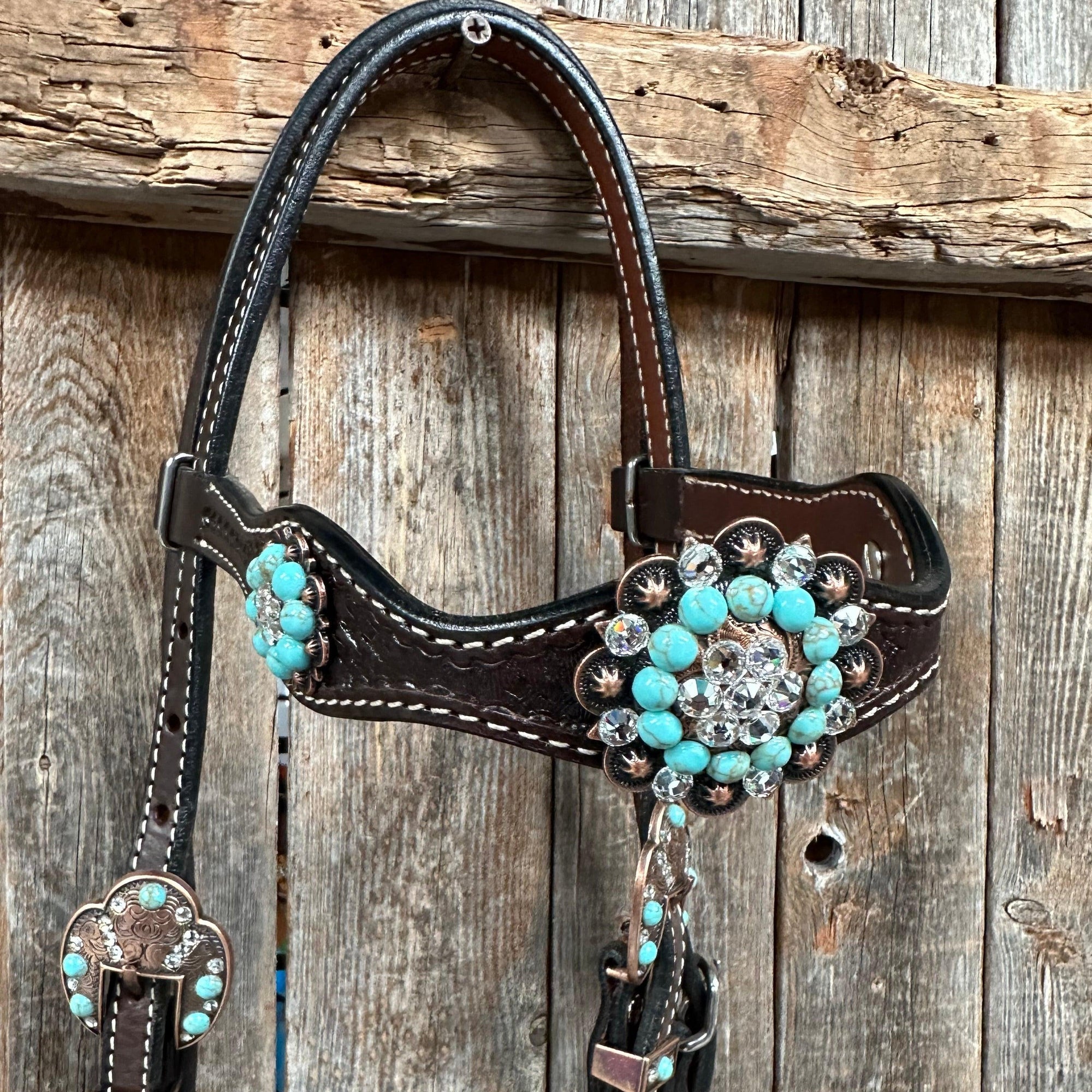 Dark Oil Basketweave Turquoise and Clear Browband Tack Set  