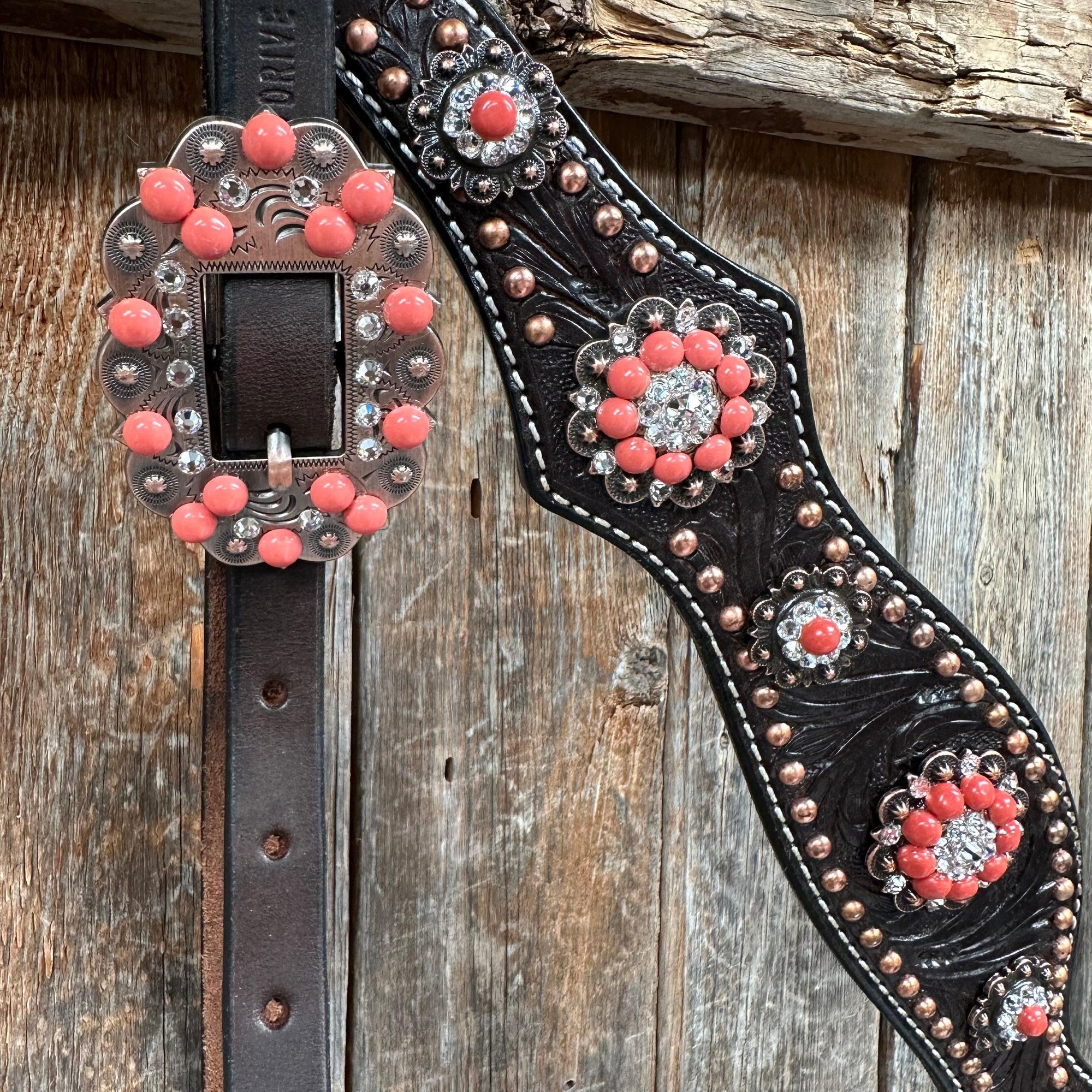 Dark Oil Floral Copper Dot Copper and Coral Browband / Breastcollar Tack Set 