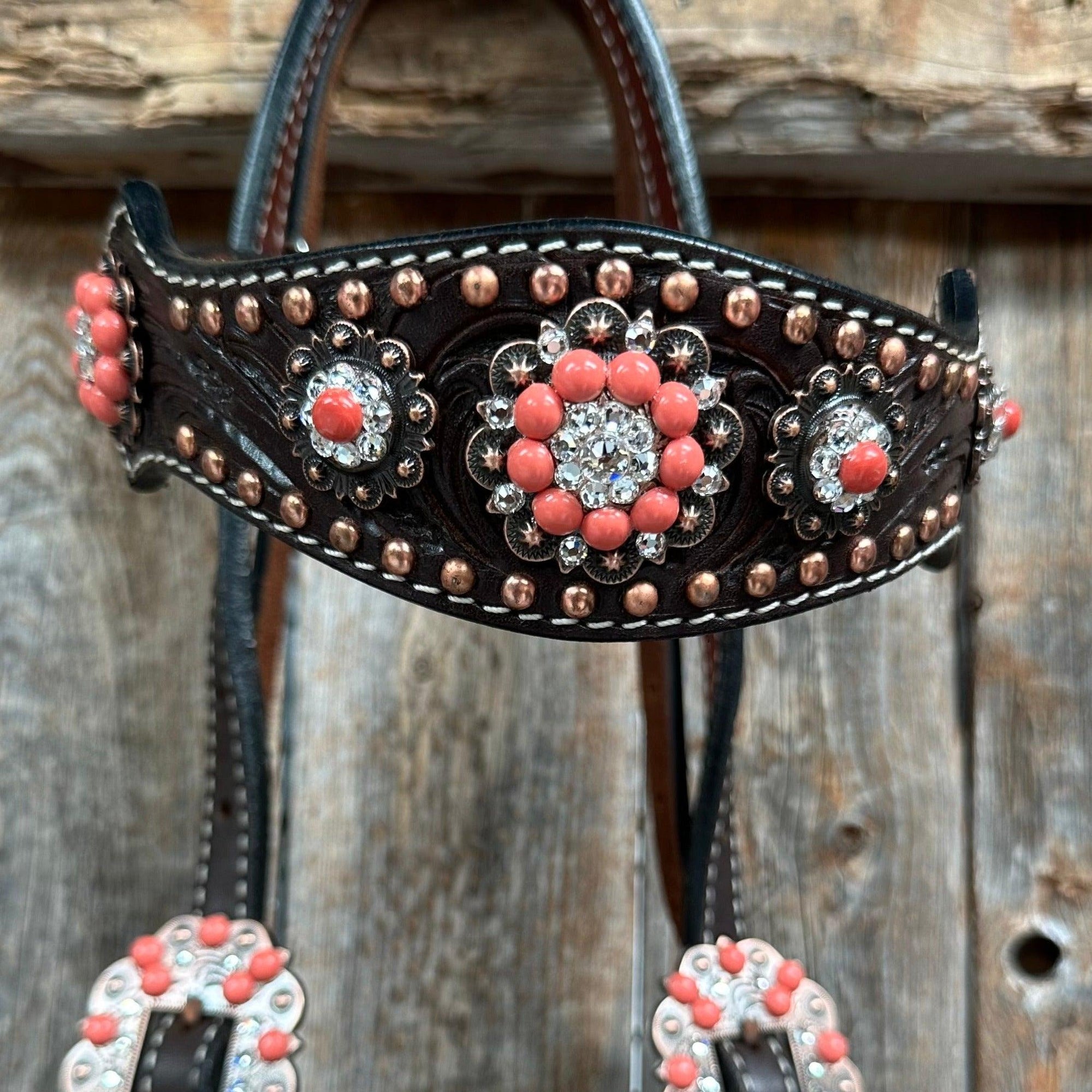 Dark Oil Floral Copper Dot Copper and Coral Browband / Breastcollar Tack Set 