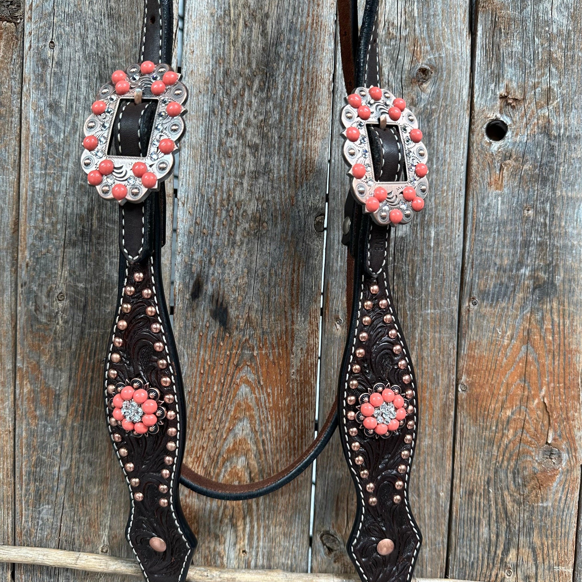 Dark Oil Floral Copper Dot Copper and Coral Browband / Breastcollar Tack Set 