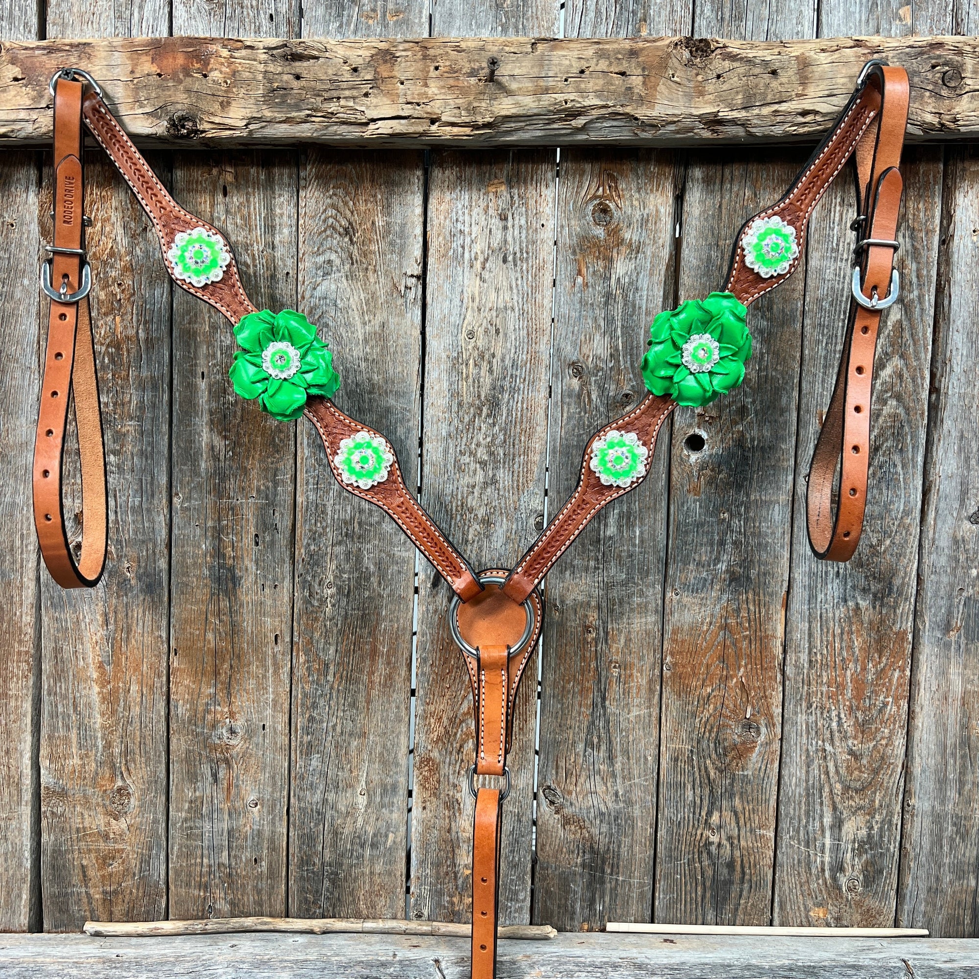 Light Oil Basketweave Neon Green - AB Browband/One Ear Tack Set  