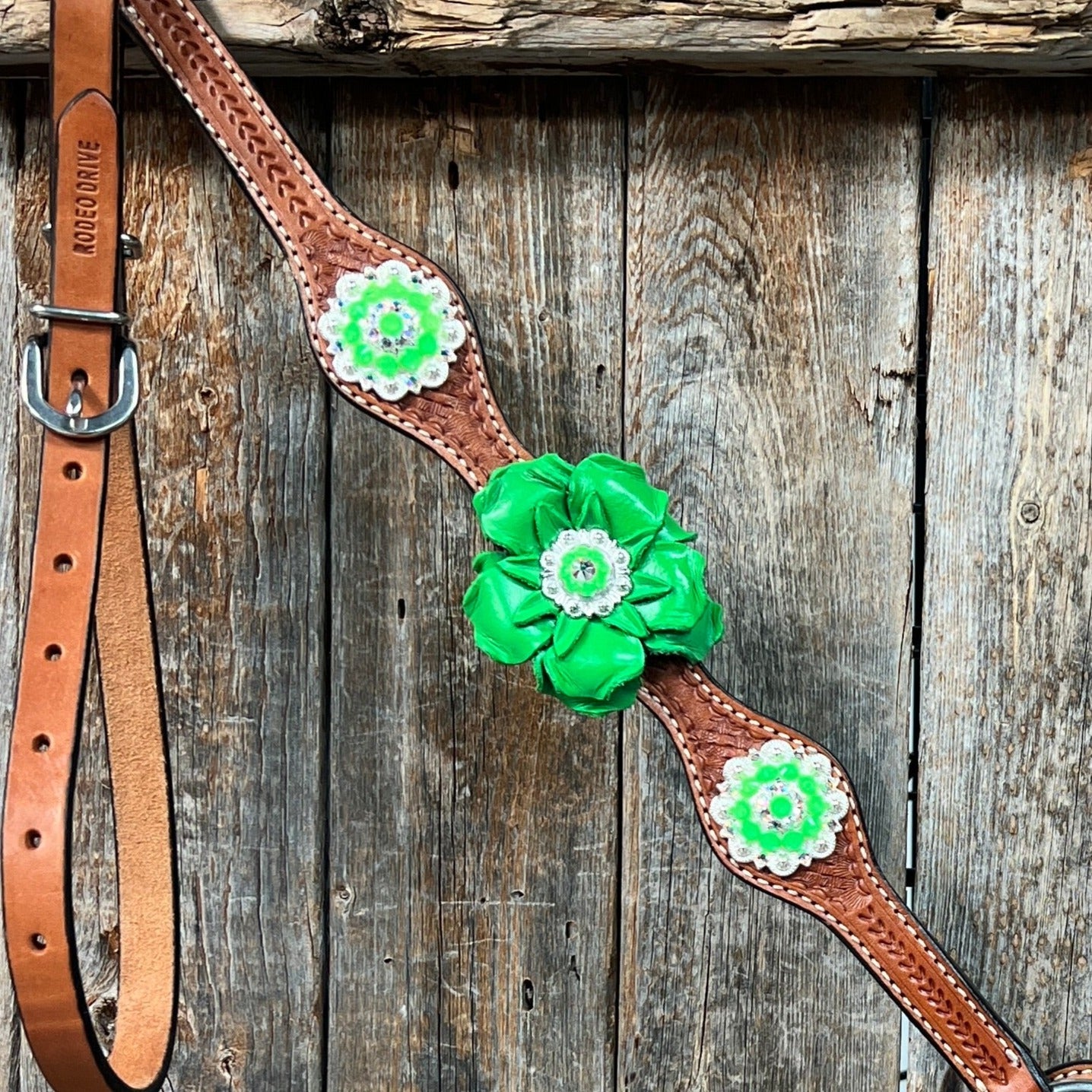 Light Oil Basketweave Neon Green - AB Browband/One Ear Tack Set  