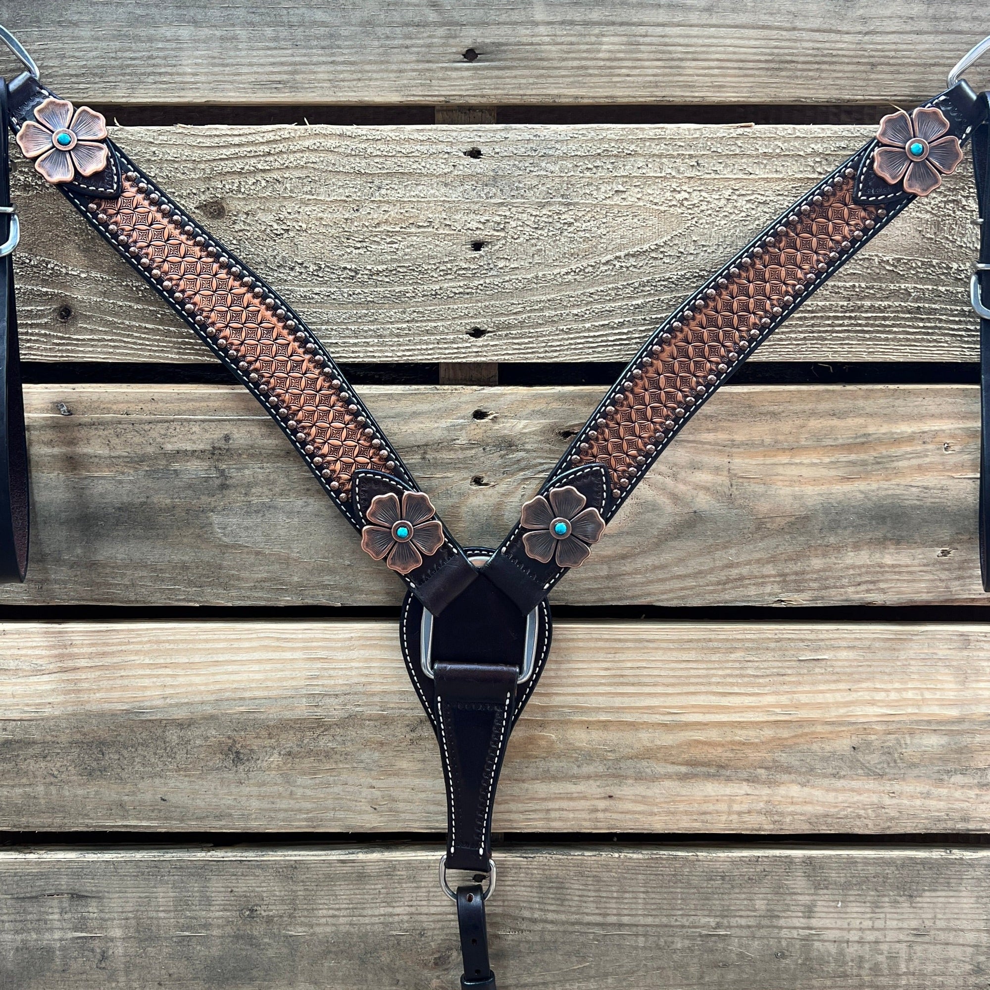 Two Tone Honeycomb Copper Flower Browband/One Ear Headstall &amp; Breastcollar Tack Set 