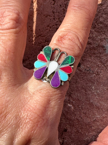 Vintage Zuni Sterling Silver & Multi Stone Inlay Butterfly Ring Size 8