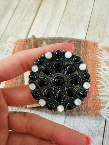 Navajo Sterling Silver, Onyx & Mother of Pearl Cluster Adjustable Ring