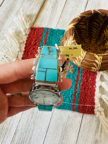 Old Pawn Vintage Navajo Turquoise & Sterling Silver Inlay Watch