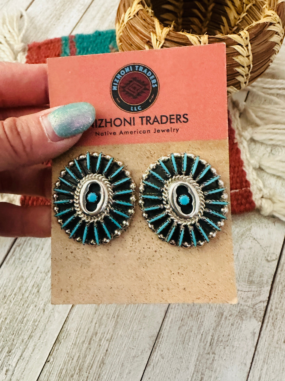 Old Pawn Zuni Sterling Silver & Turquoise Cluster Post Earrings