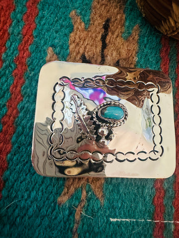 Navajo Turquoise & Hand Stamped Sterling Silver Belt Buckle