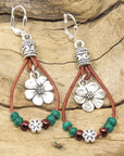 Silvery Western Leather Beaded Floral Dangle Earrings
