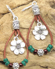Silvery Western Leather Beaded Floral Dangle Earrings