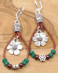 Silvery Western Leather Beaded Floral Dangle Earrings