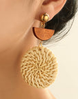 Beige Wooden Woven Disc Dangle Earrings
