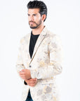 Men's Double Button Beige Flowers Print Blazer