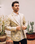 Men's Double Button Beige Flowers Print Blazer