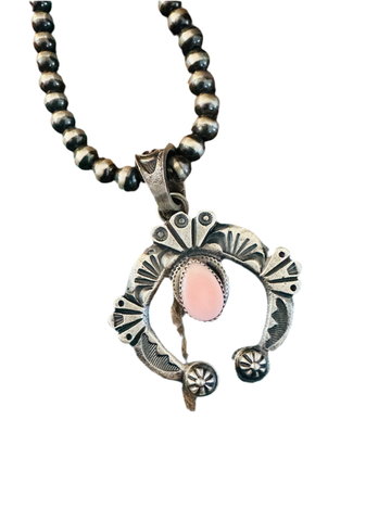 Navajo Sterling Silver & Queen Pink Conch Naja Pendant by Kevin Billah