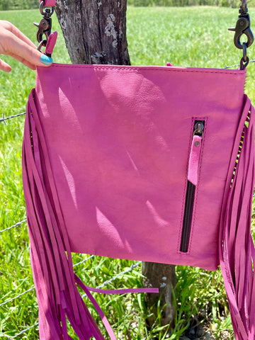 Pink Fringe Tooled Hide Crossbody