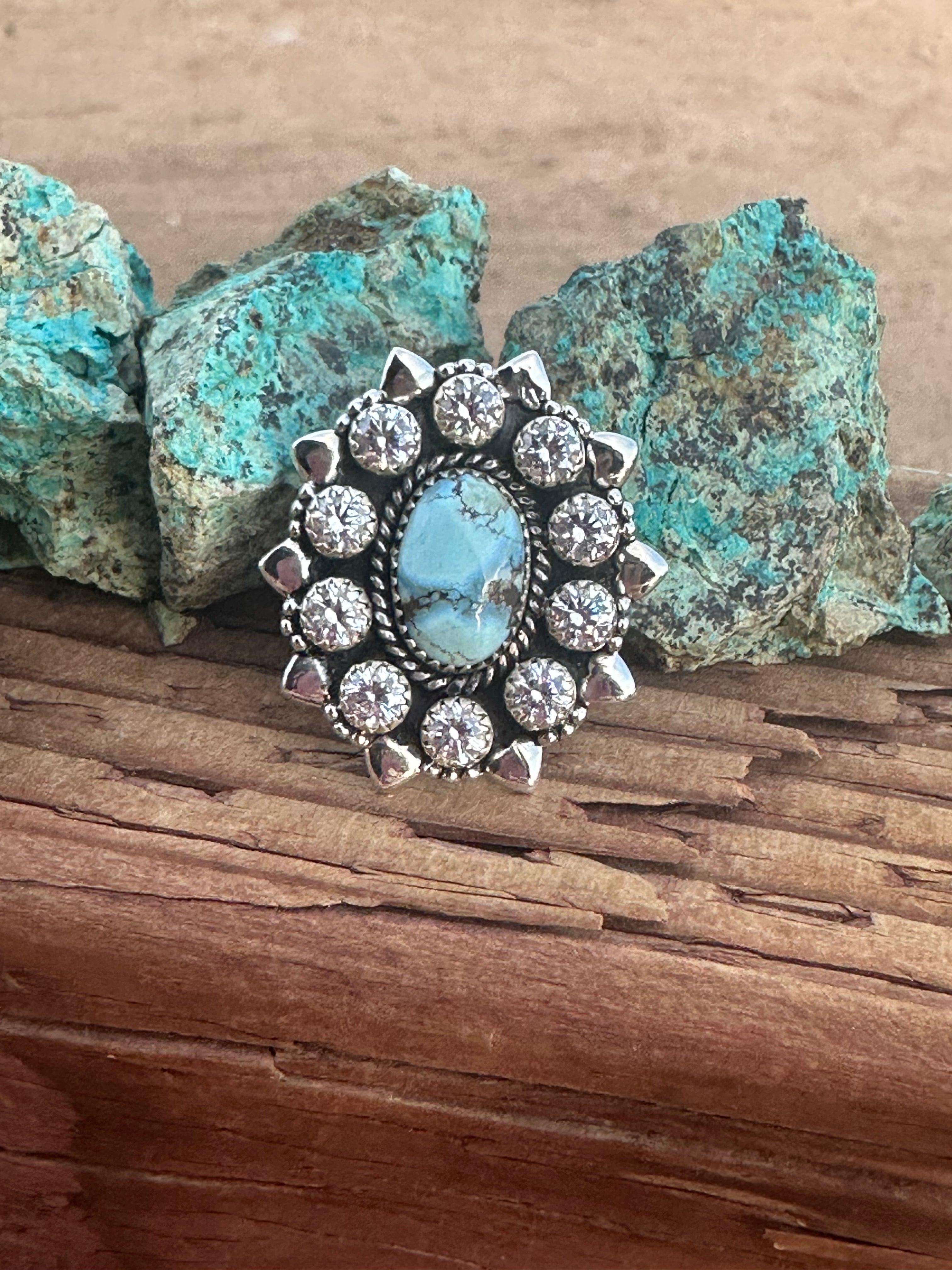 Handmade Golden Hills Turquoise, CZ & Sterling Silver Adjustable Ring Signed Nizhoni