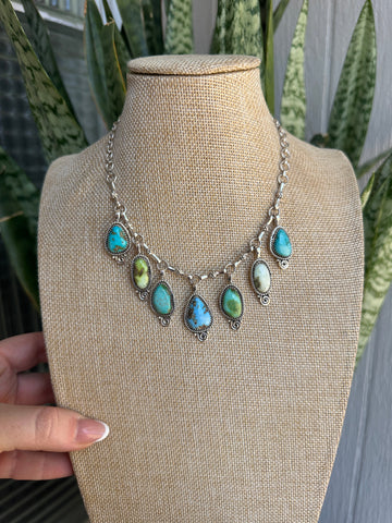 Beautiful Handmade Sterling Silver, Golden Hills Turquoise, Sonoran Turquoise & Palomino Turquoise Charm Necklace