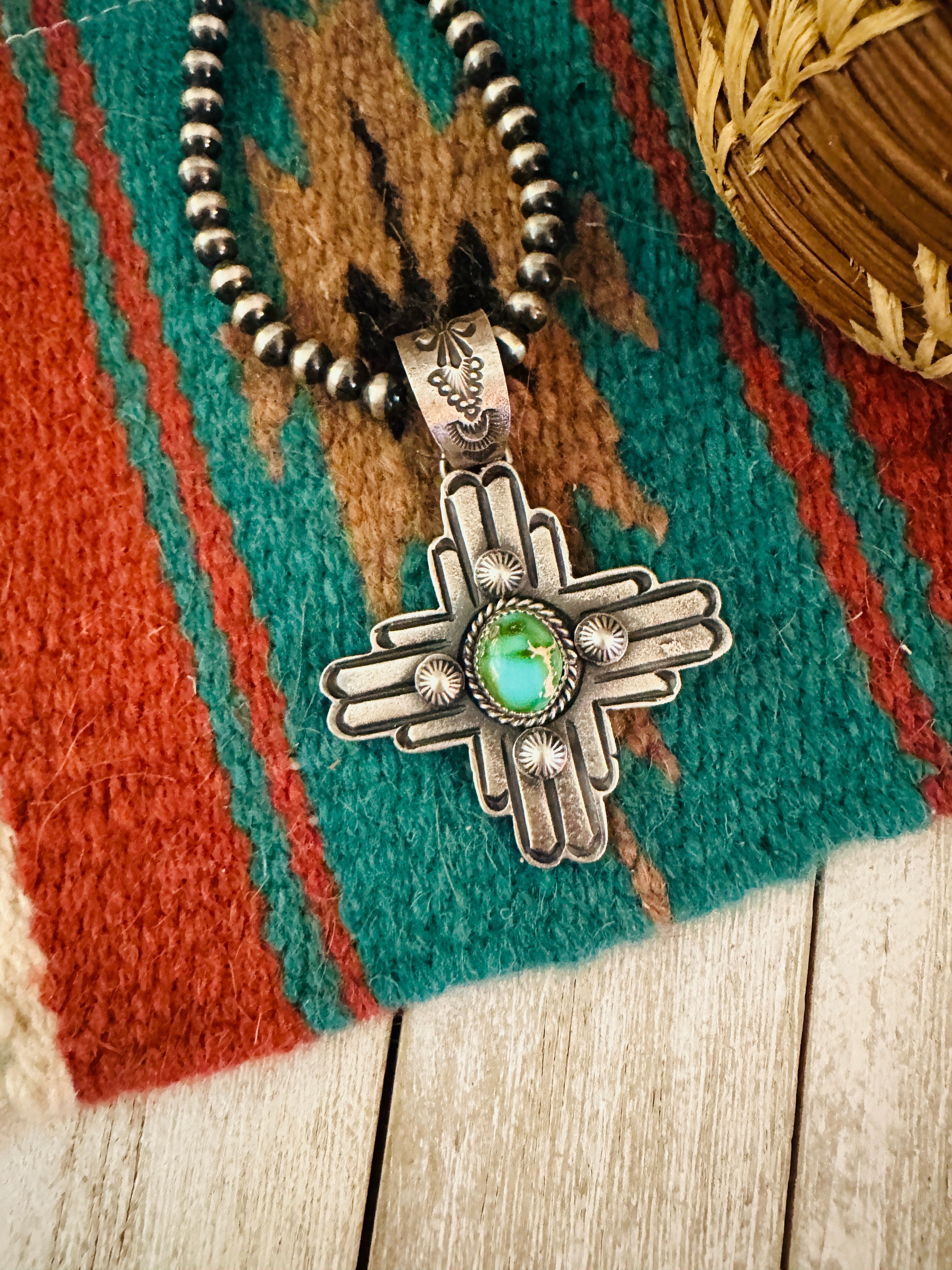 Navajo Sterling Silver Sonoran Gold Turquoise Cross Pendant-Kevin Billah