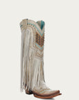 C3424 - WOMEN'S CRYSTALS PATTERN EMBROIDERY AND FRINGE SNIP TOE BROWN COWBOY BOOT