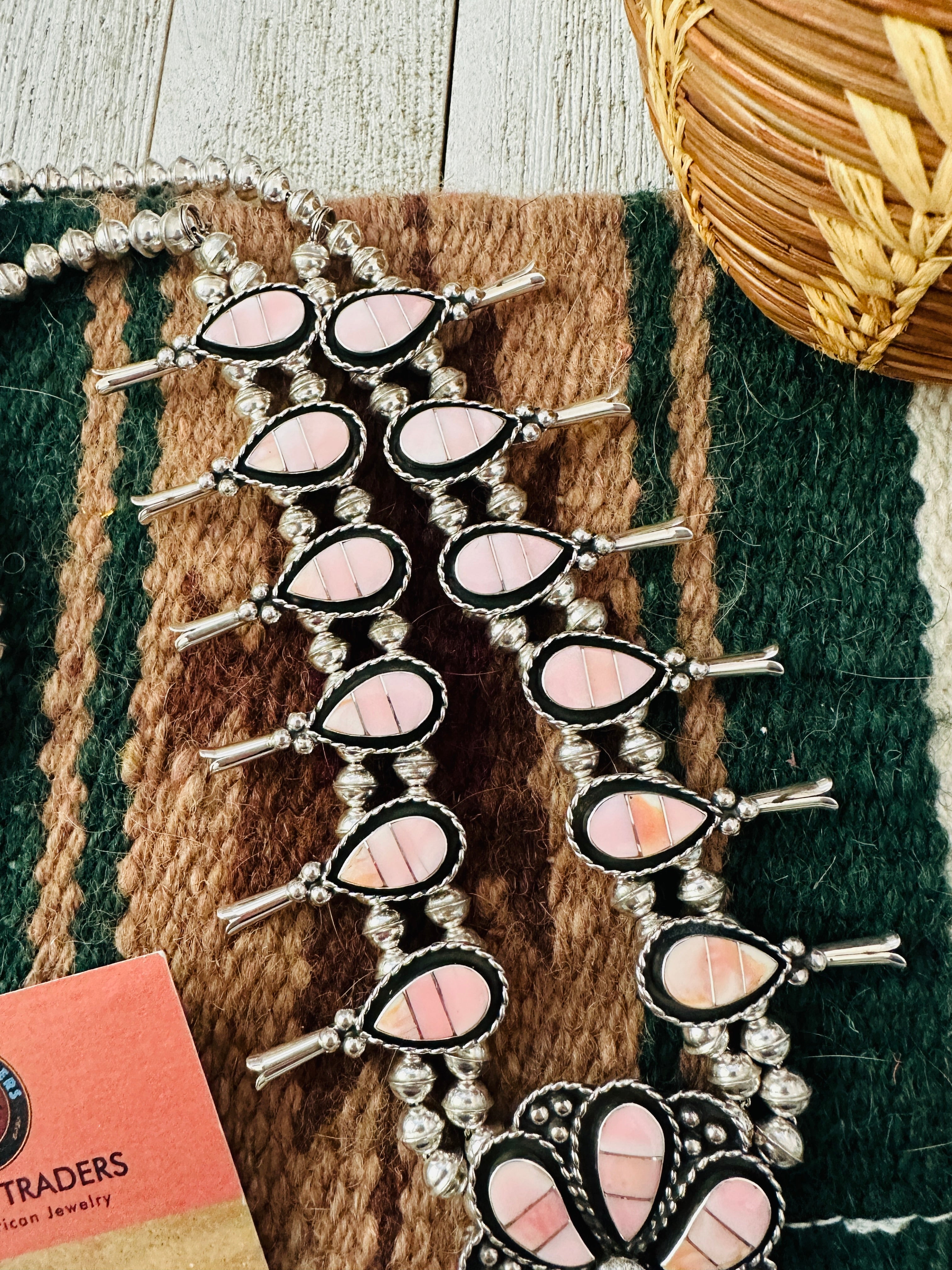 Zuni Sterling Silver Queen Pink Conch Squash Blossom Necklace Set