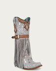 C4081 - WOMEN'S LAMB FRINGE, HARNESS AND STUDS SNIP TOE WHITE FUR COWBOY BOOT