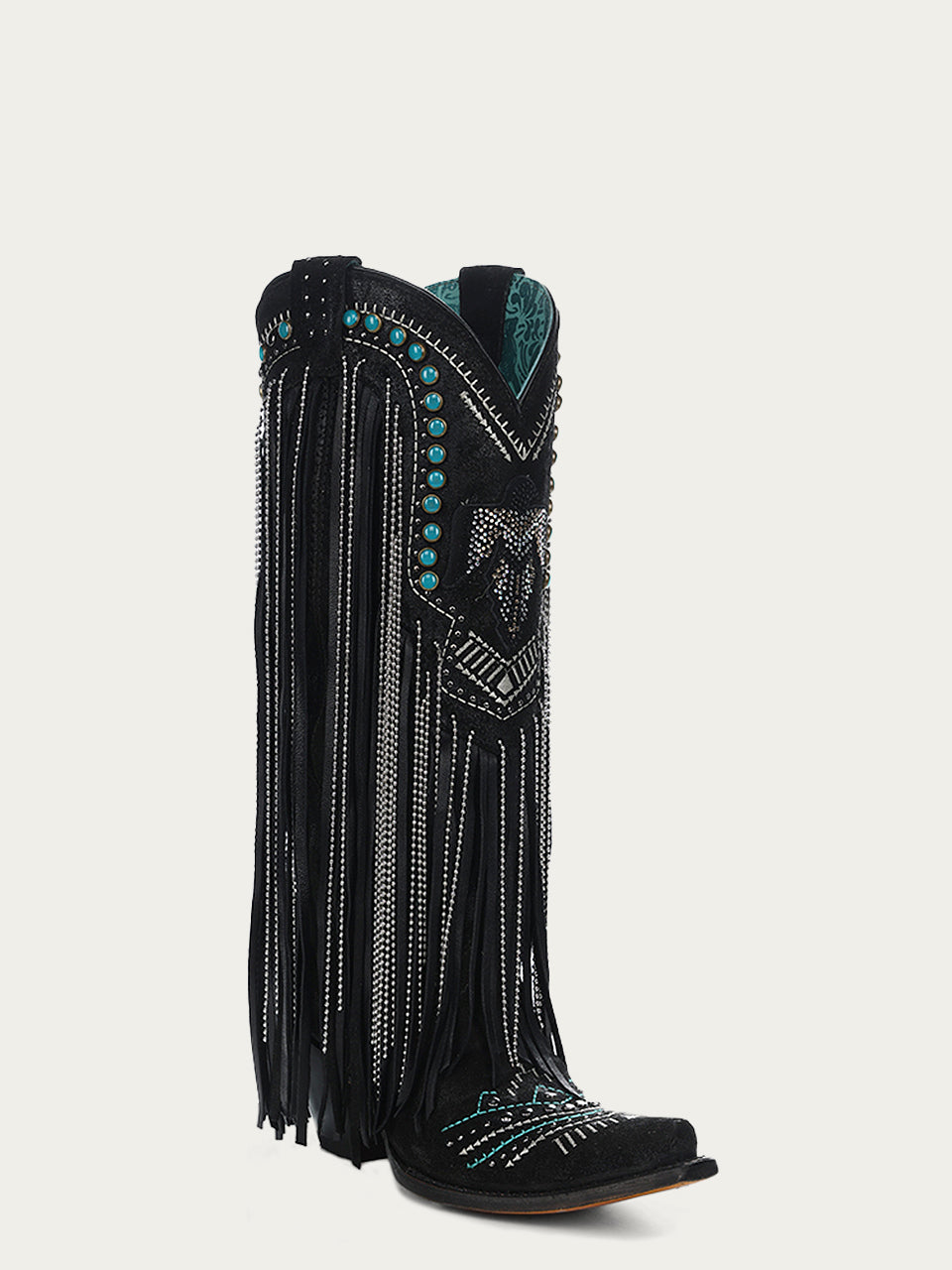 C4087 - WOMEN&#39;S EMBROIDERY EAGLE WITH LAMB AND CRYSTALS FRINGE WITH STUDS SNIP TOE COWBOY BOOT