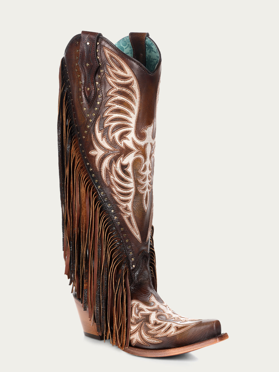 C4165 - WOMEN&#39;S EAGLE EMBROIDERY STUDS AND LAMB FRINGES HONEY TALL TOP SNIP TOE COWBOY BOOT