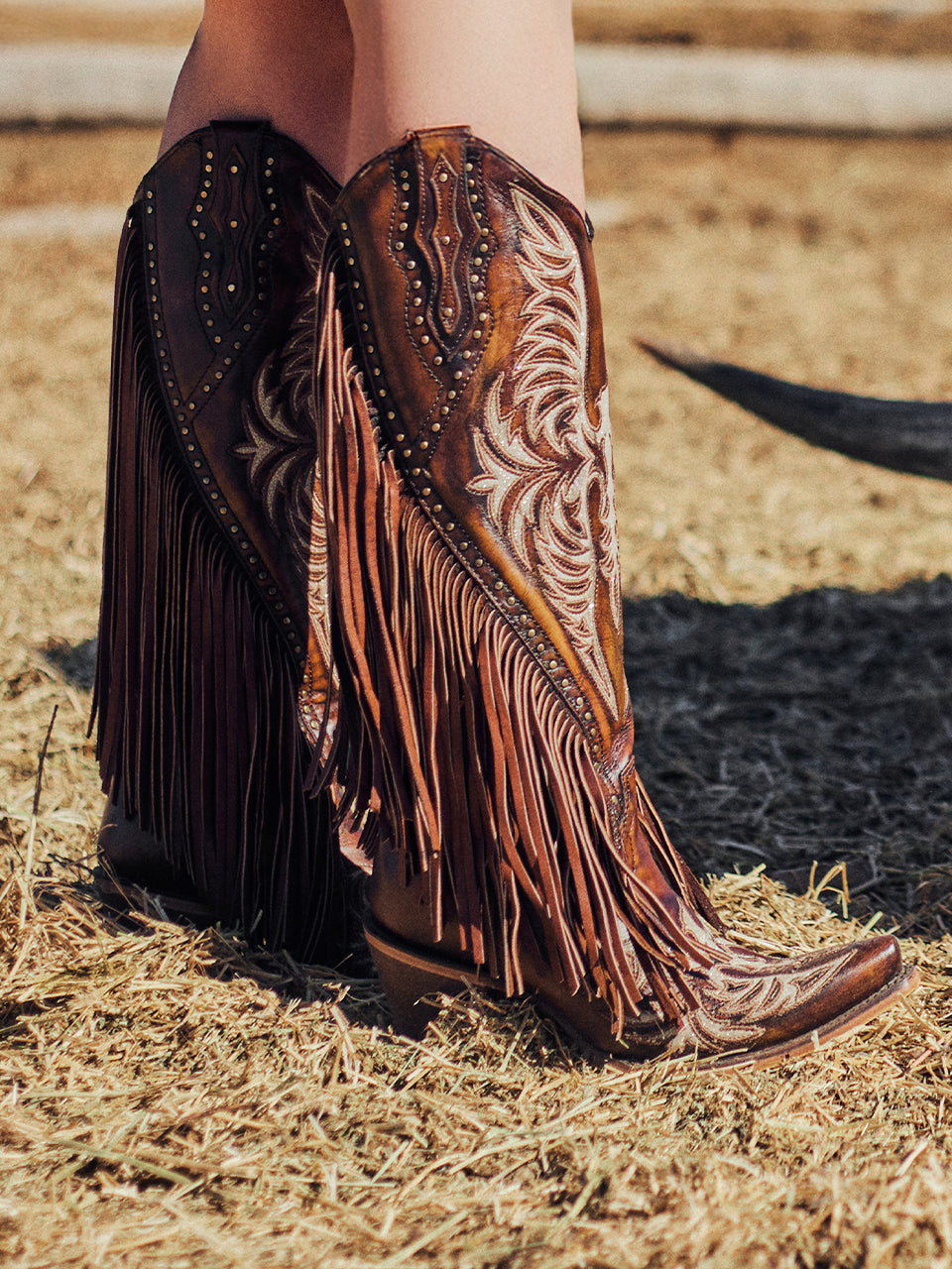 C4165 - WOMEN&#39;S EAGLE EMBROIDERY STUDS AND LAMB FRINGES HONEY TALL TOP SNIP TOE COWBOY BOOT