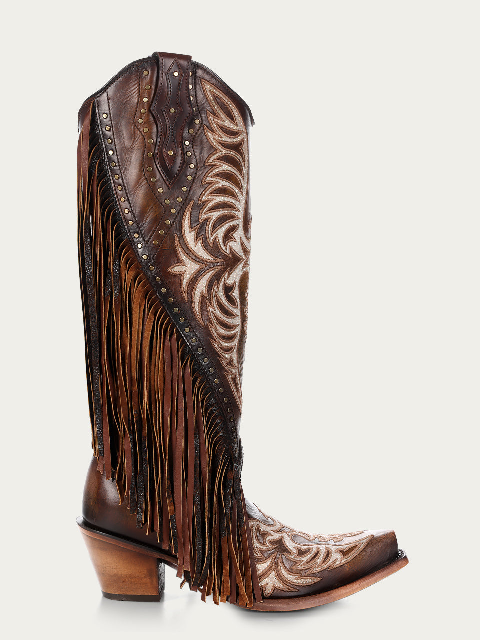 C4165 - WOMEN&#39;S EAGLE EMBROIDERY STUDS AND LAMB FRINGES HONEY TALL TOP SNIP TOE COWBOY BOOT