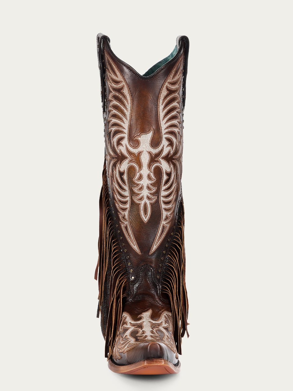 C4165 - WOMEN&#39;S EAGLE EMBROIDERY STUDS AND LAMB FRINGES HONEY TALL TOP SNIP TOE COWBOY BOOT