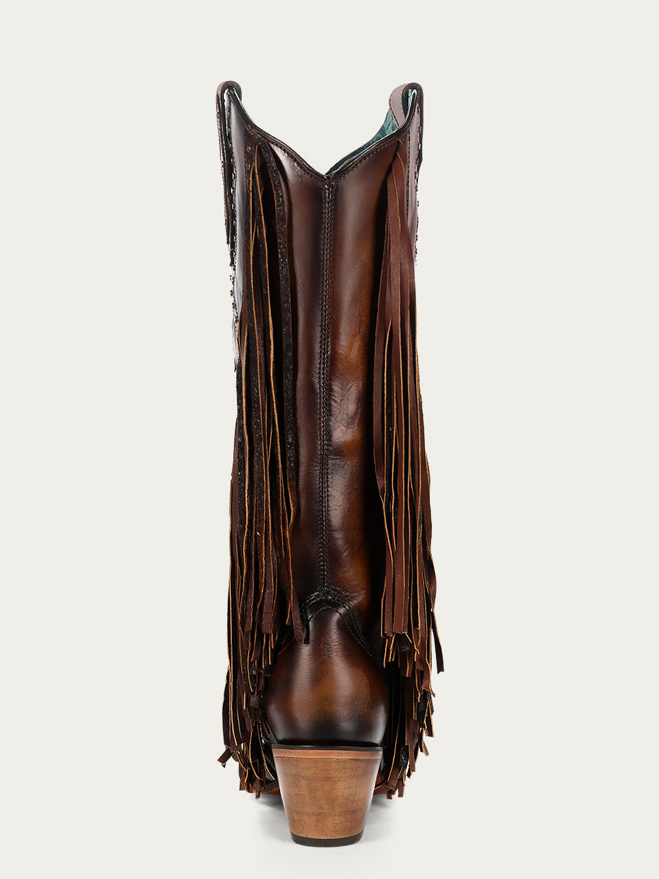 C4165 - WOMEN&#39;S EAGLE EMBROIDERY STUDS AND LAMB FRINGES HONEY TALL TOP SNIP TOE COWBOY BOOT