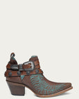 C4194 - WOMEN'S TURQUOISE EMBROIDERY, CONCHOS AND HARNESS ANKLE BROWN POINTED TOE COWBOY BOOT