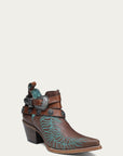 C4194 - WOMEN'S TURQUOISE EMBROIDERY, CONCHOS AND HARNESS ANKLE BROWN POINTED TOE COWBOY BOOT