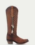 C4228 - WOMEN'S EMBROIDERY AND DELICATE CHAIN DETAILS WITH SHELL HANGING TALL TOP BROWN SNIP TOE COWBOY BOOT