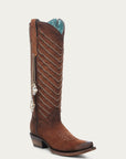 C4228 - WOMEN'S EMBROIDERY AND DELICATE CHAIN DETAILS WITH SHELL HANGING TALL TOP BROWN SNIP TOE COWBOY BOOT